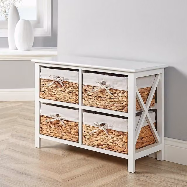 Home Source Dartmouth 4 Wicker Basket Drawer Chest Storage Unit in White