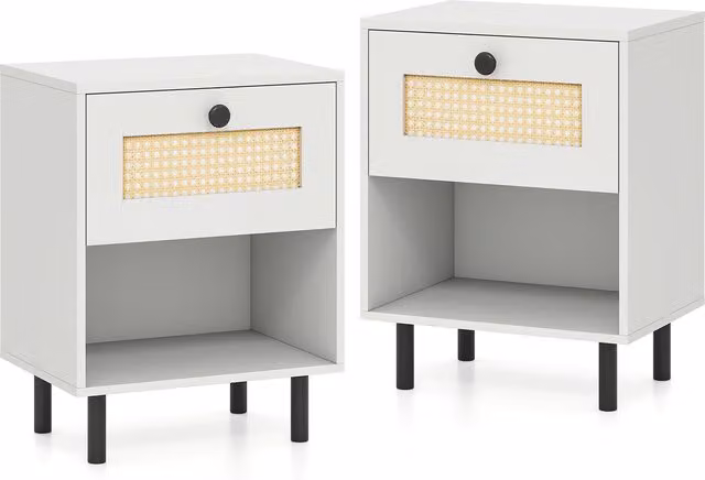 COSTWAY Boho Style White Bedside Table with Rattan and Metal Geometric Design