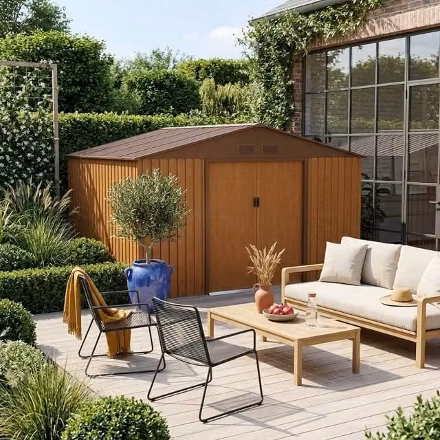 Sweek 10.85 m2 Metal Garden Shed with Two Sliding Doors in Brown – 1
