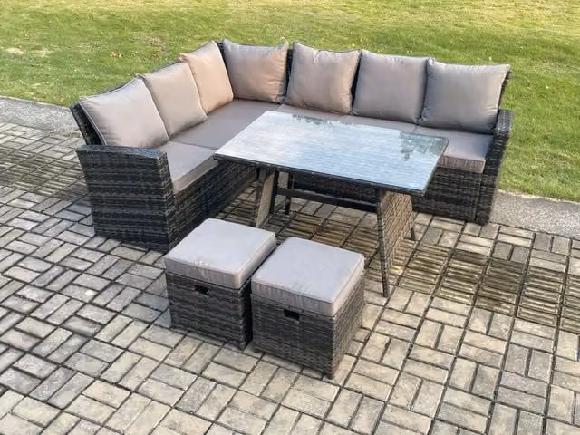 Fimous Modern Rattan Corner Sofa Garden Dining Set with 2 Footstools in Dark Grey Mixed