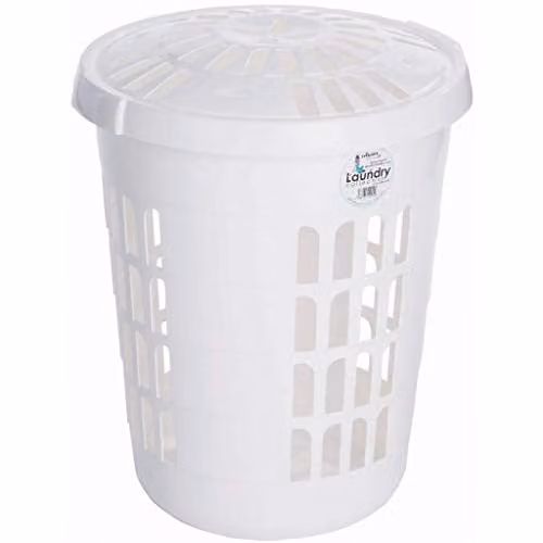 Casa Deluxe Round Laundry Hamper with Lid, White, 60L