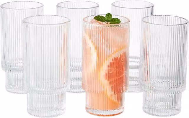Eden & Willow Set of 6 Origami Ribbed Geometric Highball Tumbler Glasses, Clear