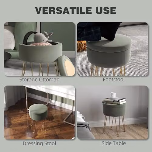 HOMCOM Green Velvet Round Storage Ottoman with Gold Metal Frame, W/D/H: 33 x 33 x 43 cm – 4