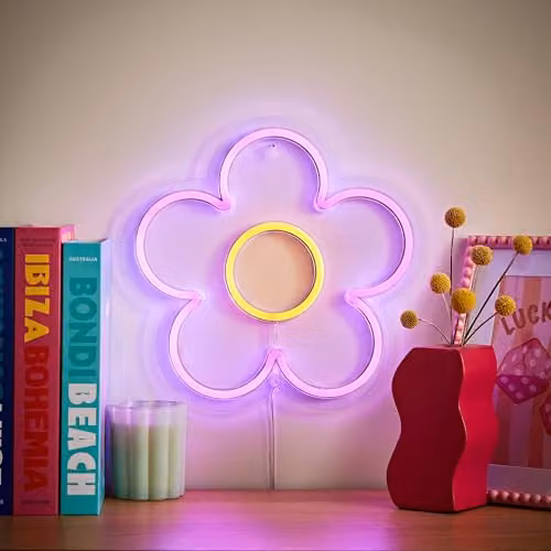 ValueLights Neon Sign Flower Style Novelty Wall Light in White, Pink and Yellow – 2