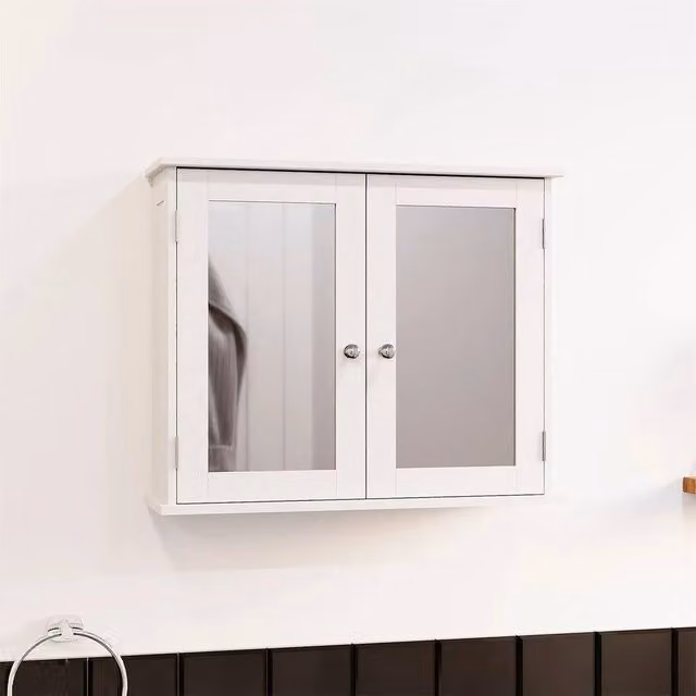 FORGEVIO Priano White Lacquered Bathroom Mirror Wall Cabinet with Double Hinged Doors and Internal Shelves – 1