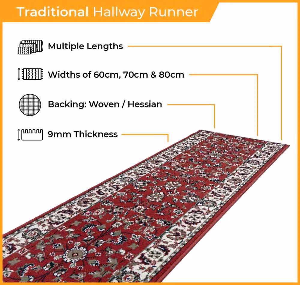 runrug Traditional Red Hallway Carpet Runner Rug, W: 60 cm, L: 390 cm – 2