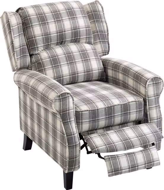 HOMCOM 160 Degree Reclining Armchair with Integrated Footrest in Grey and White Checked Fabric – 1
