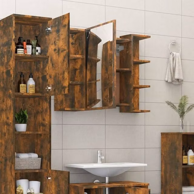 Berkfield Home Modern Bathroom Mirror Cabinet in Smoked Oak Brown, W/D/H: 80 x 20.5 x 64 cm