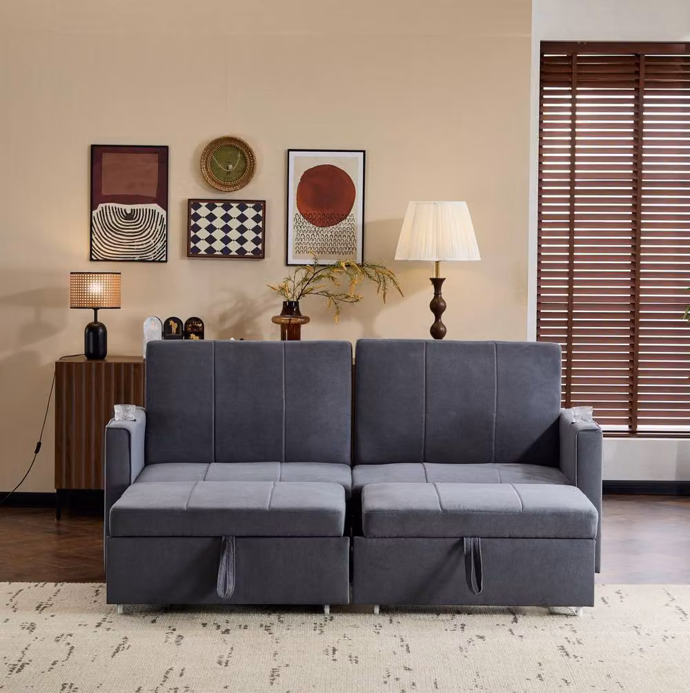 STILVORA Grey Upholstered Sofa Bed with Pull-Out Drawer and Foam Mattress – 2