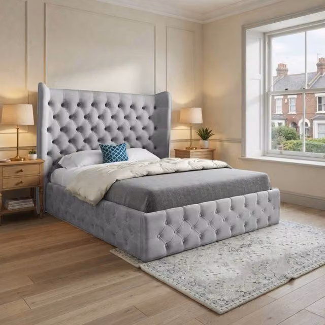 Casani Ickworth Super King Wide Winged Upholstered Designer Bed Frame in Grey Soft Velvet
