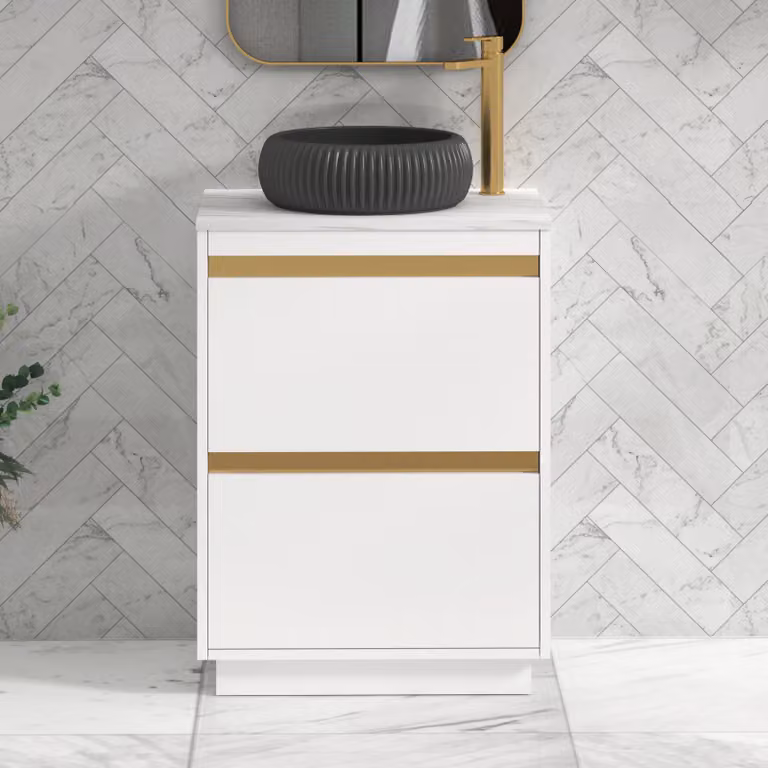 Royal Bathrooms Orion 800mm Matt White Floor Standing 2 Drawer Vanity Unit with Milan Black Basin and Brushed Brass Accent Trim