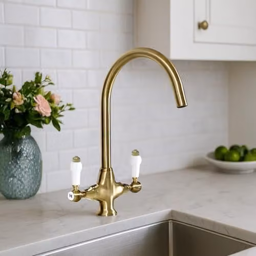 Nes Home Traditional Twin Lever Kitchen Mixer Tap in Brushed Brass – 1