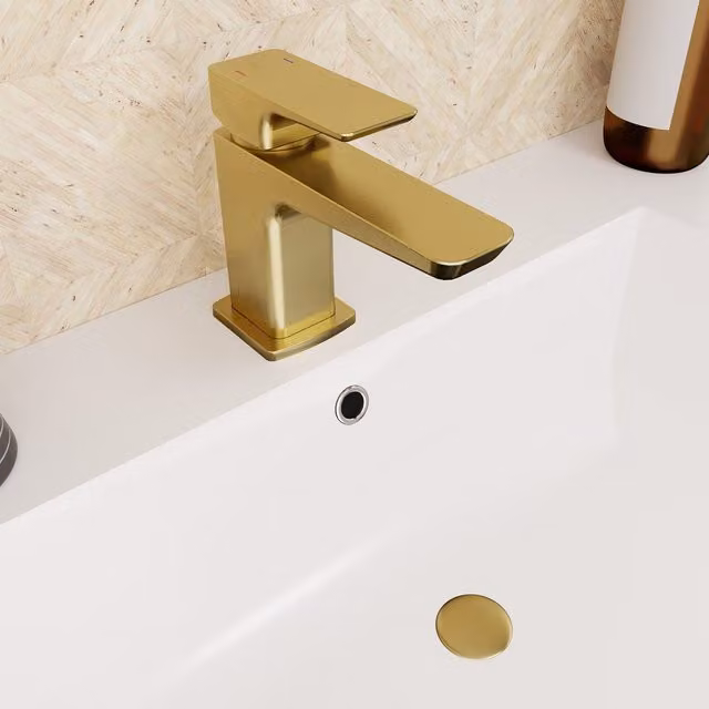 Nes Home Brushed Brass Modern Cloakroom Square Basin Mono Mixer Tap with Pop Up Waste in Beige
