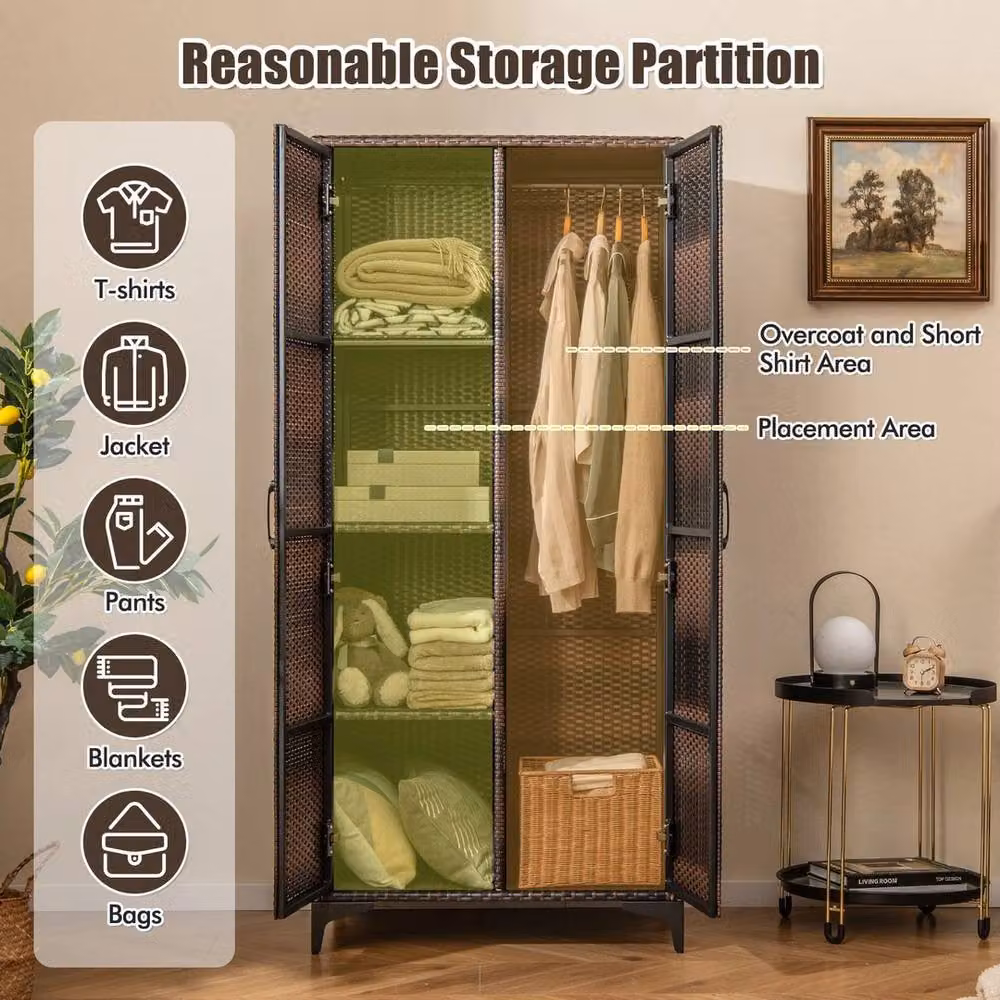 NESTLUNE Brown Wicker 2 Door Storage Cabinet with Soft Close Hinged Doors, W/D/H: 100 x 15 x 157 cm – 3
