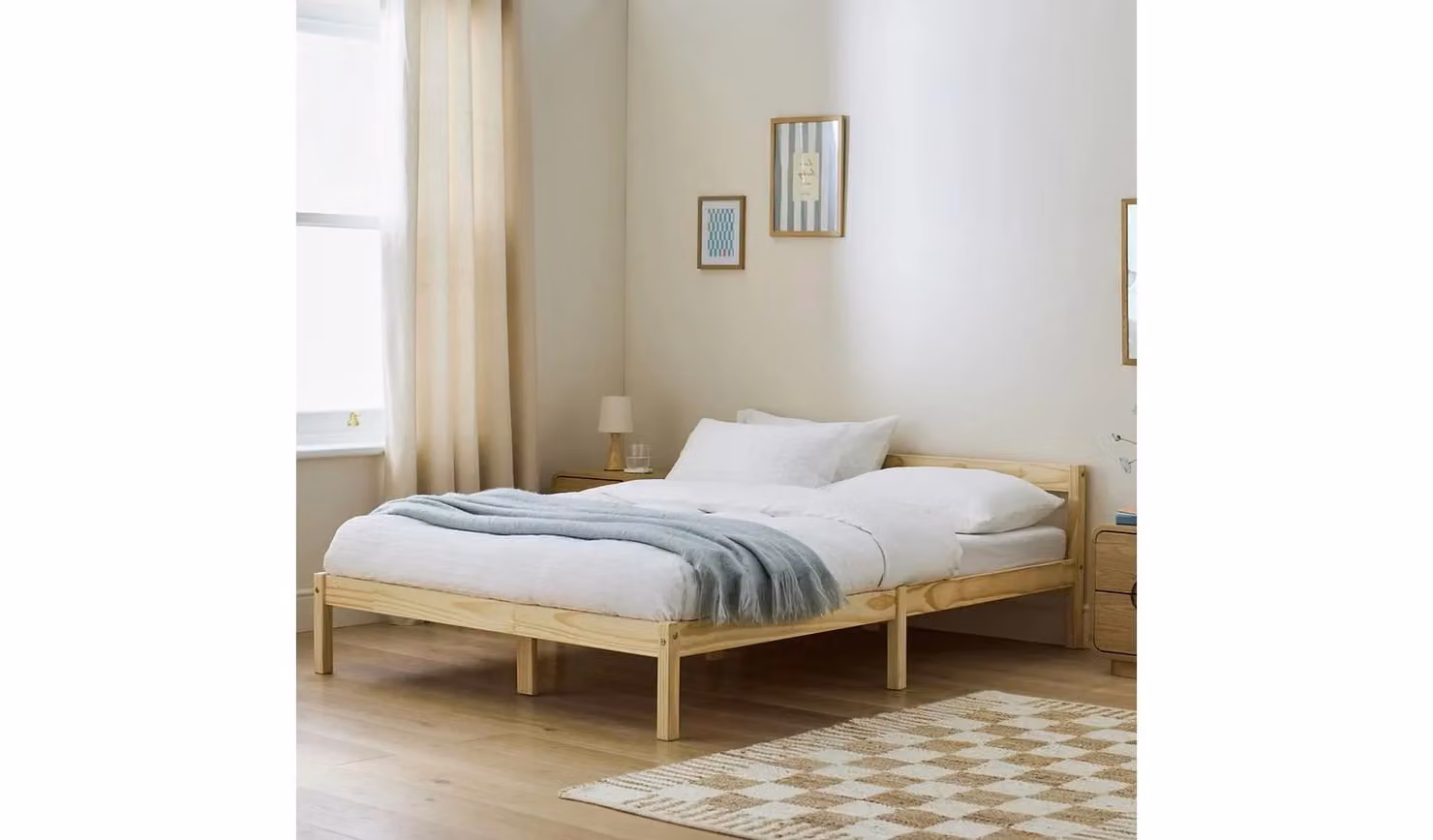 Karee Solid Pine Double Bed Frame in Natural Wood, W/D/H: 140 x 200 x 60 cm