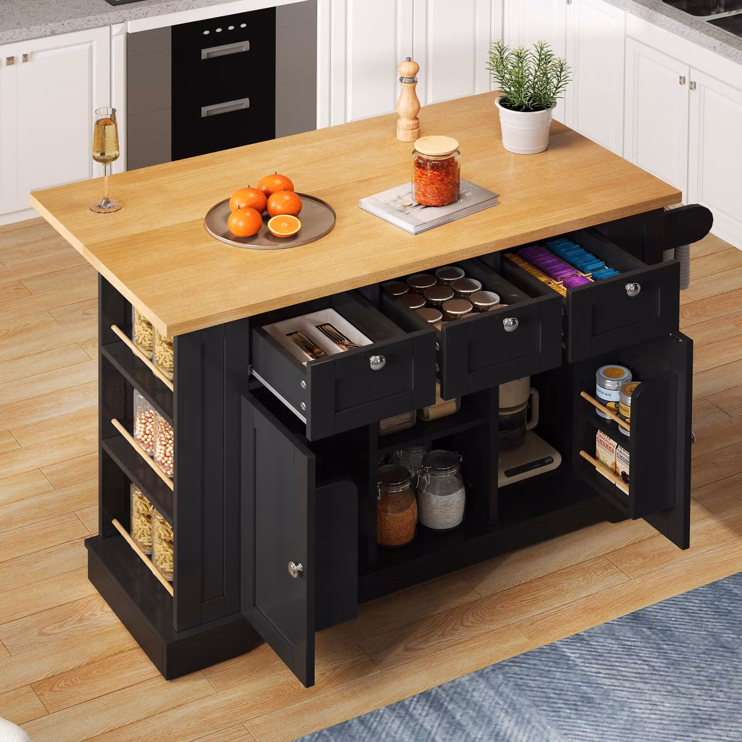 Aosom UK Versatile Kitchen Island Trolley with 3 Drawers, 2-Door Cupboards and Extendable Worktop, Natural and Black, W: 132 cm, D: 70 cm, H: 87 cm – 8
