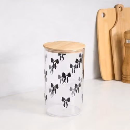OHS Bow Print Airtight Food Storage Container with Bamboo Lid, Medium Round Black and Transparent BPA Free Plastic Jar