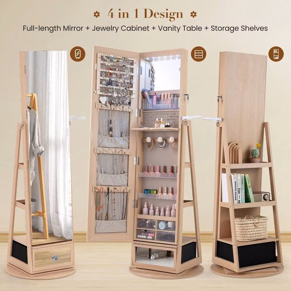 FORGEVIO Natural Wood Jewelry Cabinet with Full-Length Mirror and LED Lighting in Beige – 4