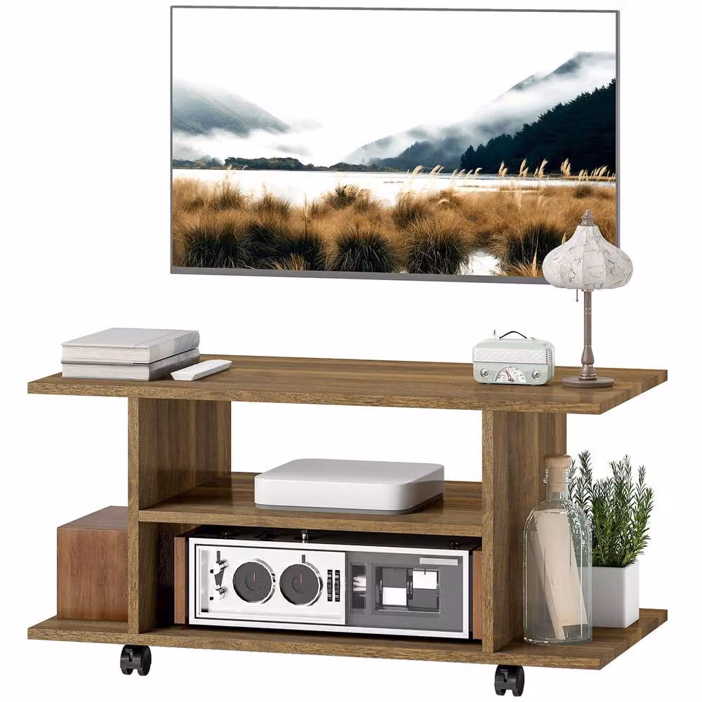 STILVORA Modern Brown TV Stand with Shelves and Casters – 3