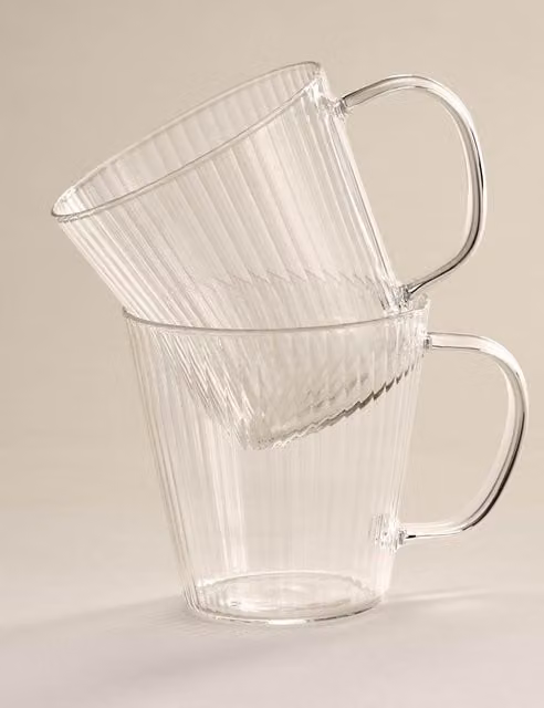 M&S Set of 2 Ribbed Transparent Glass Cappuccino Mugs