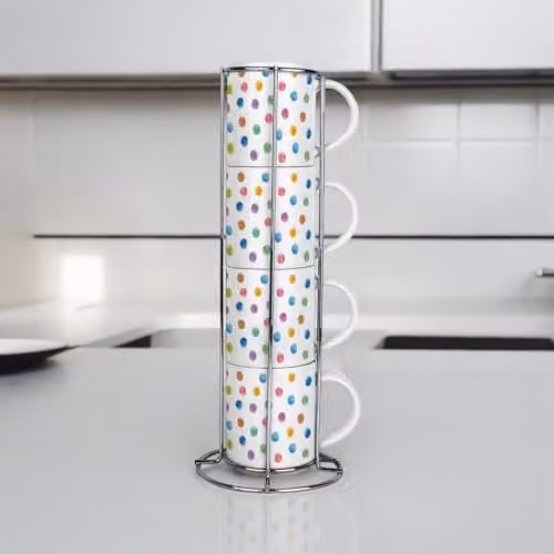 Purely Home Polka Dot Ceramic Stacking Mugs Set of 4 in Multicolour with Metal Stand – 2