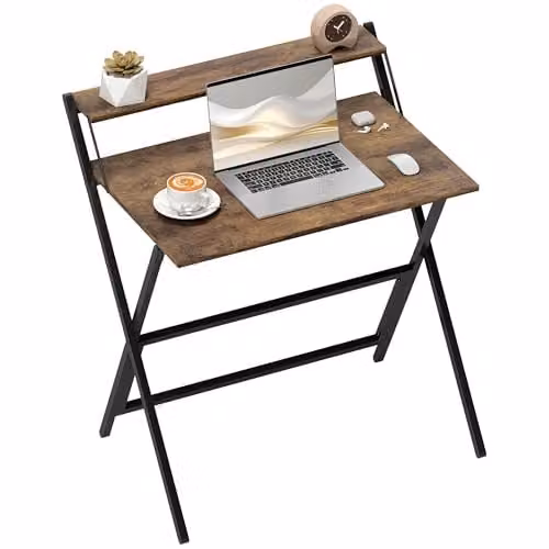 HOMCOM Folding Computer Desk with Monitor Shelf in Rustic Brown – 1
