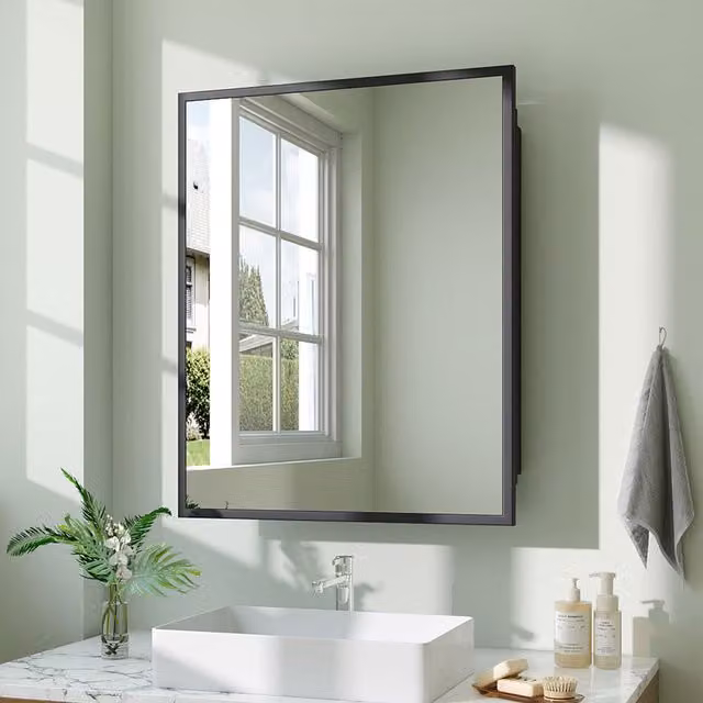 Livingandhome Modern Black Wall Mounted Bathroom Storage Mirror Cabinet with Glass Doors and Internal Shelves, Width: 61 cm