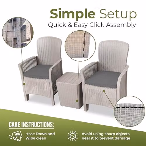 Centurion Supports Ophelia 3-Piece Grey PU Rattan Wicker Garden Furniture Set with High Back Armchairs, Side Table and Storage – 4