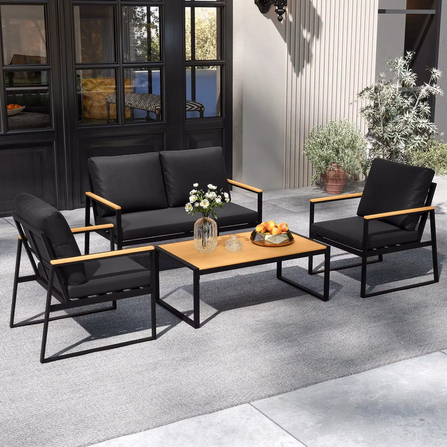 Costway 4-Piece Black Garden Furniture Set with Powder Coated Steel Frame, 2-Seater Sofa, Armchairs and Coffee Table – 2