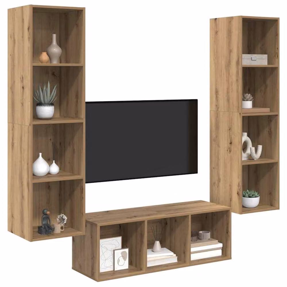Berkfield Home 3-Piece Artisan Oak TV Cabinet Set with Wall Cabinet and Open Shelf, Brown, W/D/H: 37 x 37 x 142.5 cm – 3