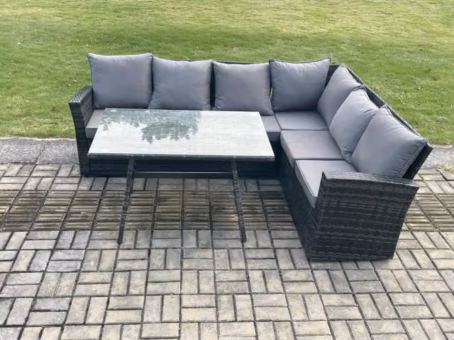 Fimous Rattan Corner Sofa and Rectangular Dining Table Set with Tempered Glass in Dark Grey