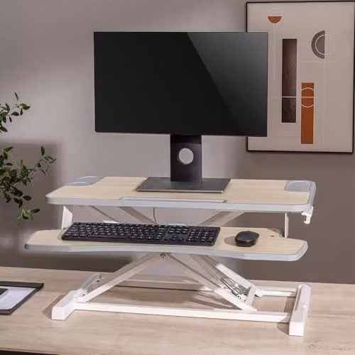 Properav Mobile Two Tier Stand Up Desk Converter Workstation with Gas Spring Height Adjustment and Keyboard Tray, White – 2