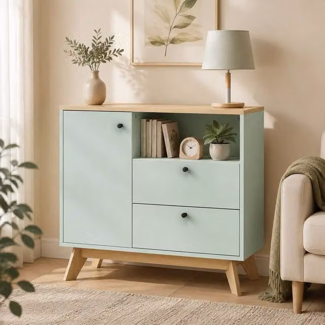 STILVORA Modern Sideboard Storage Cabinet with Drawers in Green Oak Effect – 1