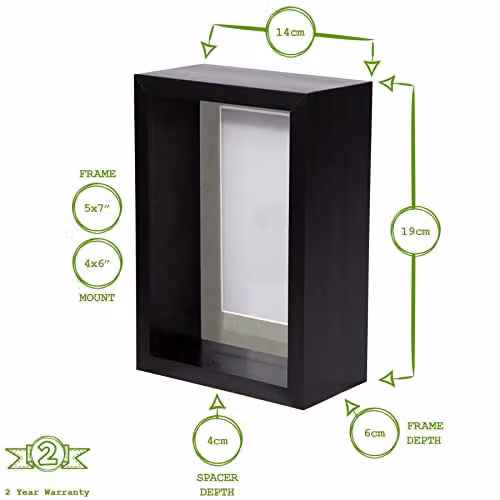Nicola Spring Pack of 5 Black Rectangular 3D Deep Box Wooden Photo Frames with White Mount for Hanging or Standing – 2