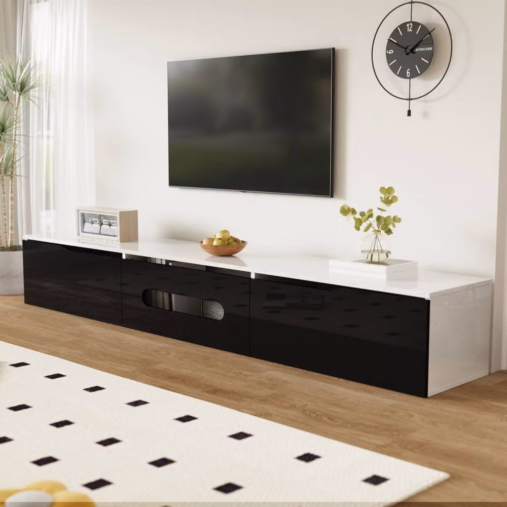 Merax Modern High-Gloss Wall-Mounted TV Stand with Adjustable LED in Black – 3