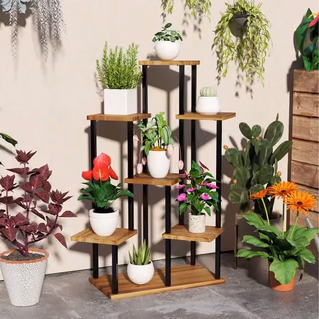 Outsunny 7 Tier Industrial Steel and Wood Corner Plant Stand in Brown