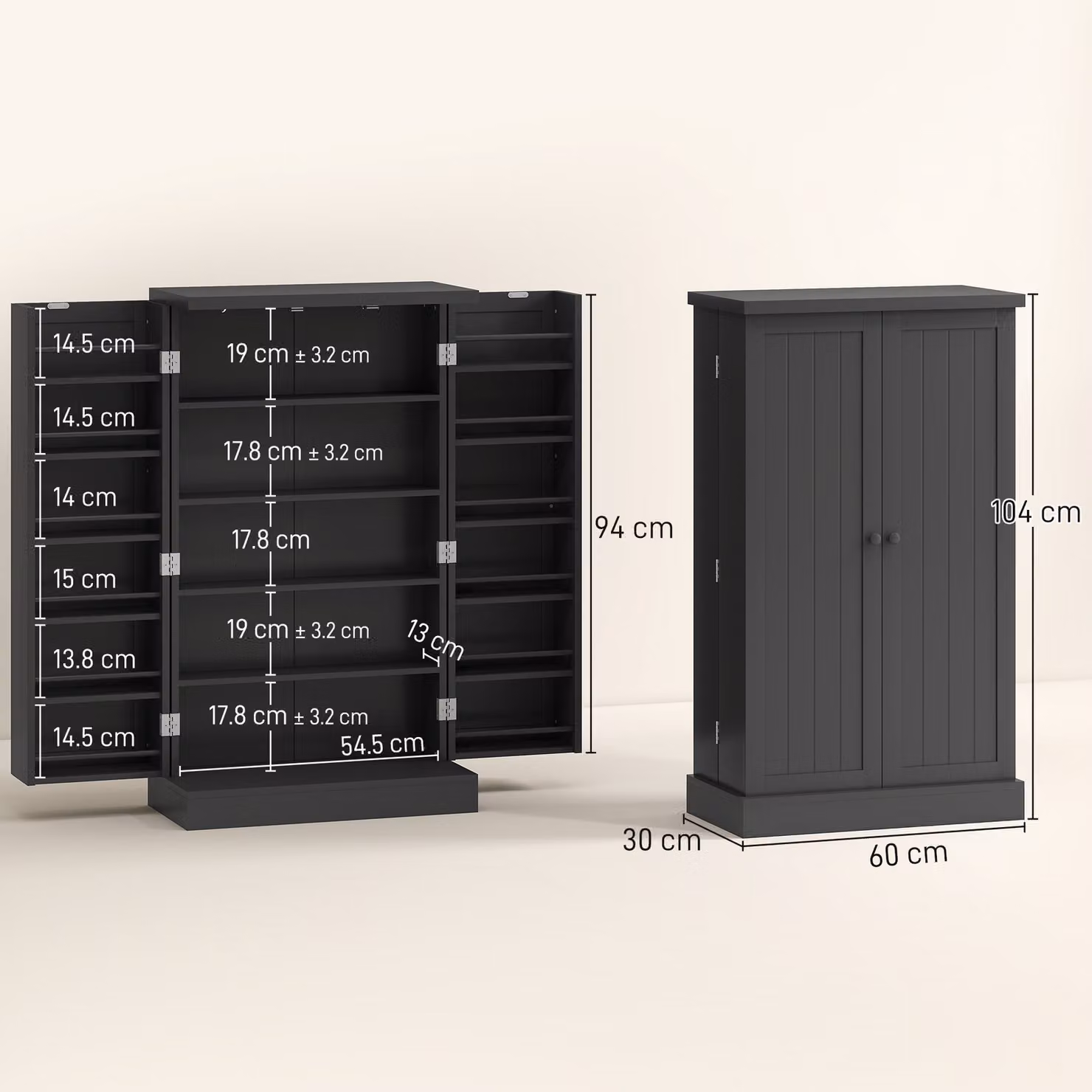 HOMCOM Black Freestanding Kitchen Pantry Cabinet with Adjustable Internal Shelves and Hinged Doors, W: 60.0 cm, D: 21.5 cm, H: 104.0 cm – 3