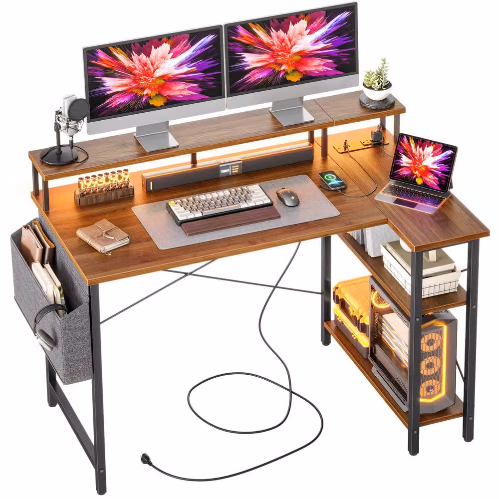 BEXEVUE L-Shaped Gaming Desk in Dark Walnut with Power Outlets and LED Lights, W: 120 cm, D: 70 cm – 2