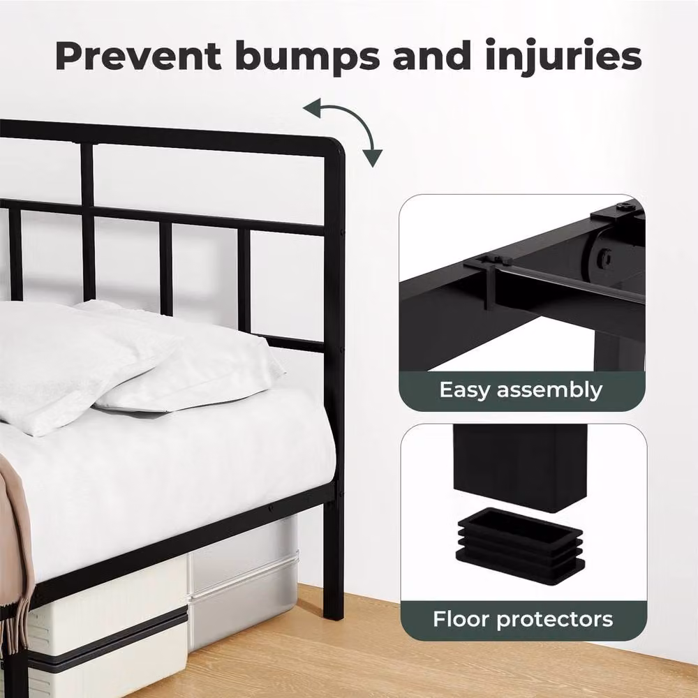 VOGREX Black Heavy Duty Metal Double Bed Frame Platform with Headboard W/D/H: 135 x 190 cm – 2
