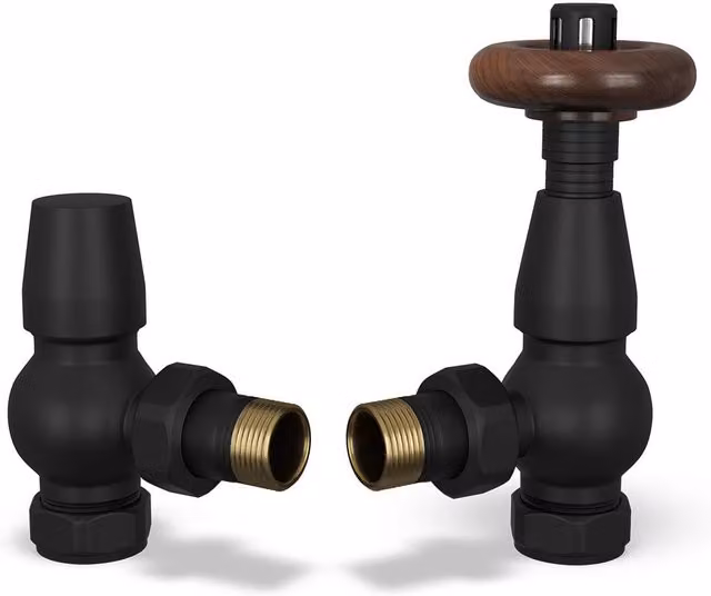 Stirling Traditional Thermostatic Radiator Valve and Lockshield Set in Black and Polished Brass