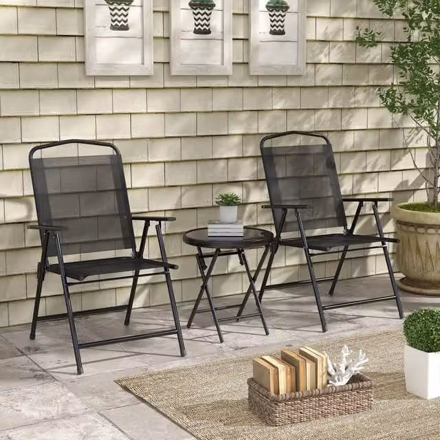 OUTSUNNY Modern Patio Bistro Set with Folding Chairs and Round Glass Coffee Table in Black – 1