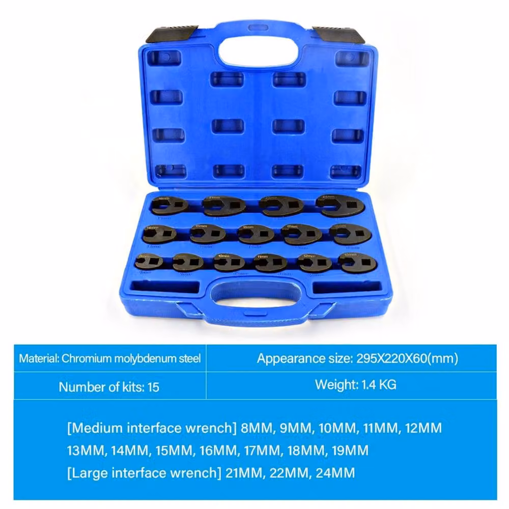 Kelvenix 15-Piece Heavy Duty Metric Crowfoot Wrench Set, Chrome Molybdenum Steel Open End Spanners in Black – 3