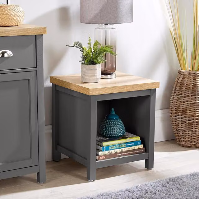 Home Source Avon Lamp Side Table Storage Unit with Oak Effect Top in Graphite Grey
