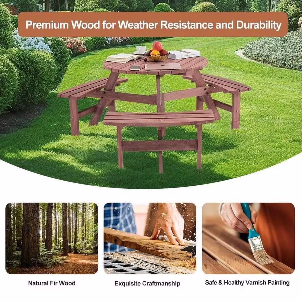 Kelvenix 6 Seater Classic Wooden Round Picnic Table and Bench Set in Brown – 5