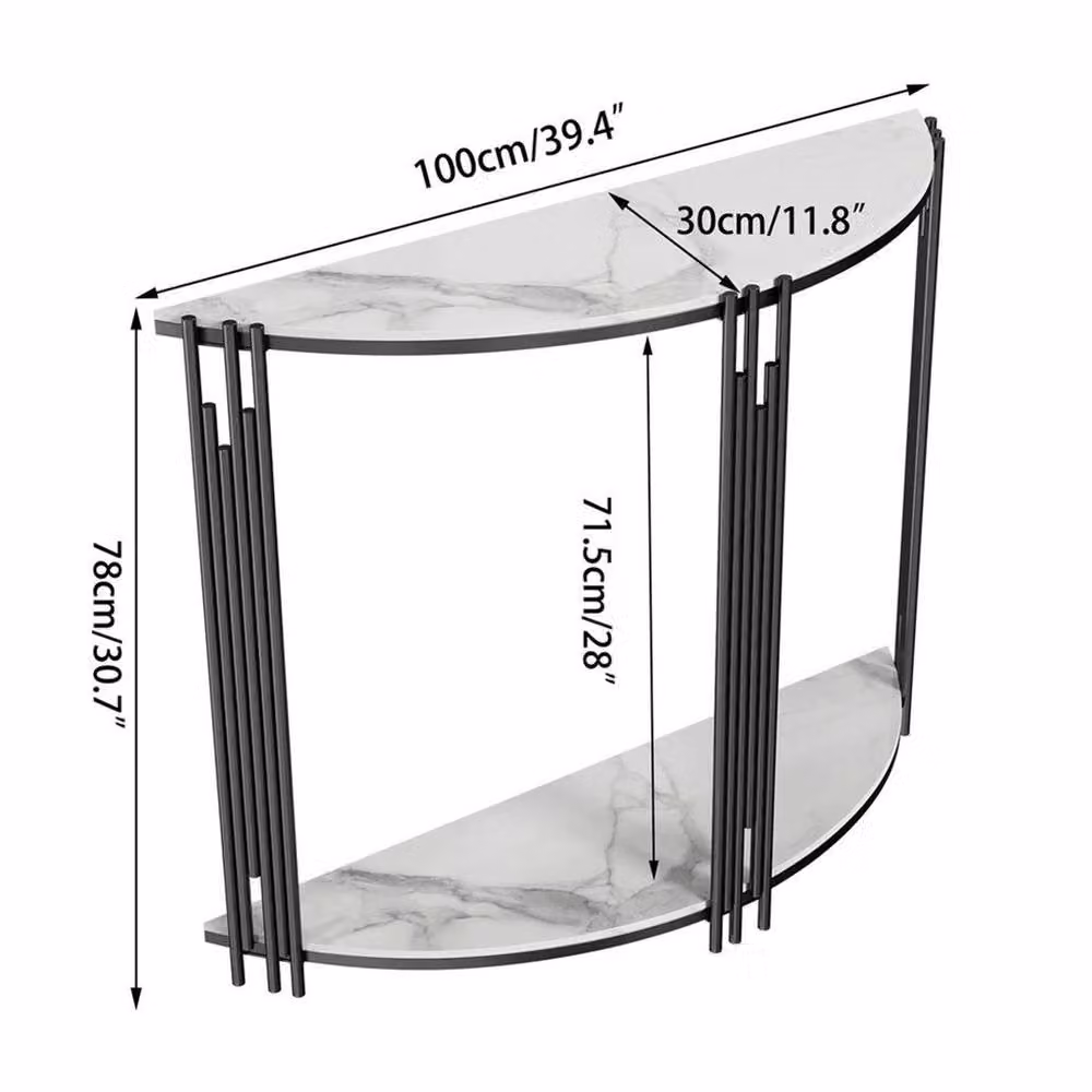 KORVIXA White Marble Half Moon Console Table with Shelf Storage, W/D/H: 100 x 100 x 1 cm – 2