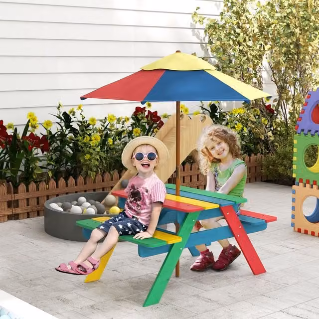 Outsunny Red Kids Table and Benches Set Made of Treated Hardwood for Ages 3 to 6 Years