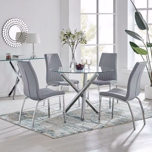 FurnitureboxUK Selina Round Glass Dining Table with Four Isco Chairs in Grey