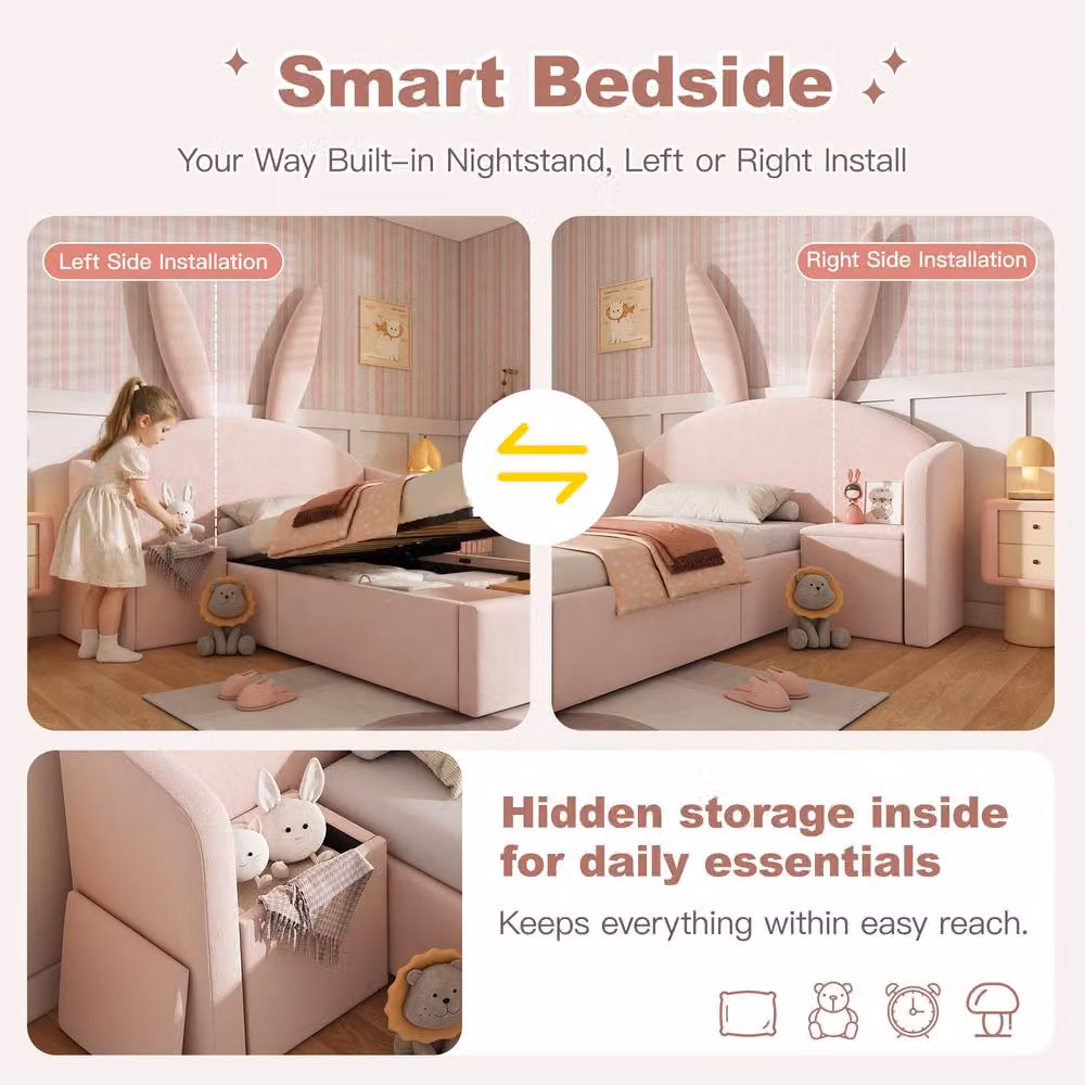 Matteo Girl's Bunny Ears Single Upholstered Kids Bed with Hydraulic Storage, Pink, W/D/H: 90 x 190 x 143 cm – 3