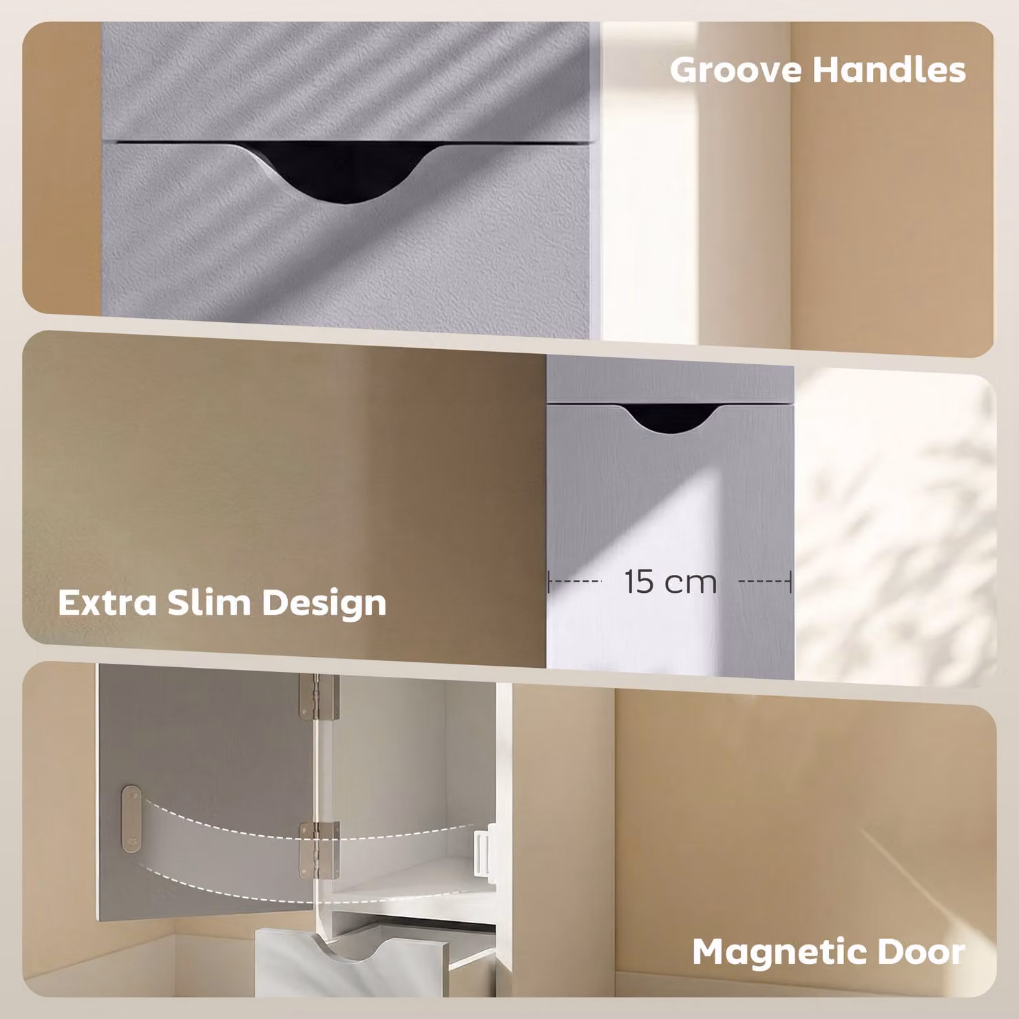 HOMCOM Slimline Free-Standing Bathroom Storage Cabinet with Drawers, Grey and White – 4