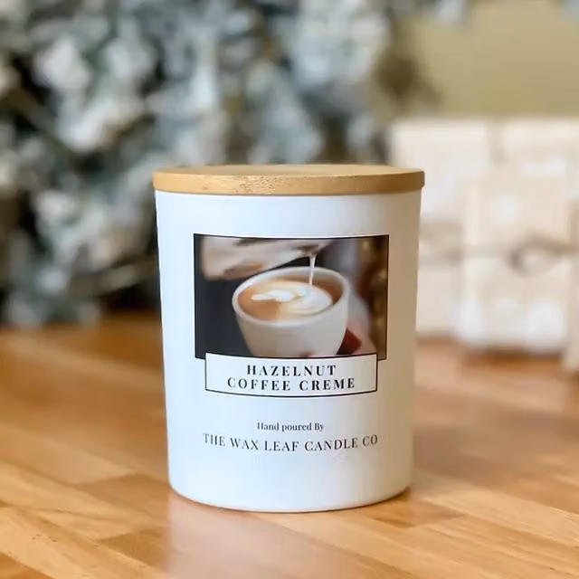 The Wax Leaf Candle Co Hazelnut Coffee Creme Gourmand Woodwick Candle in White Ceramic